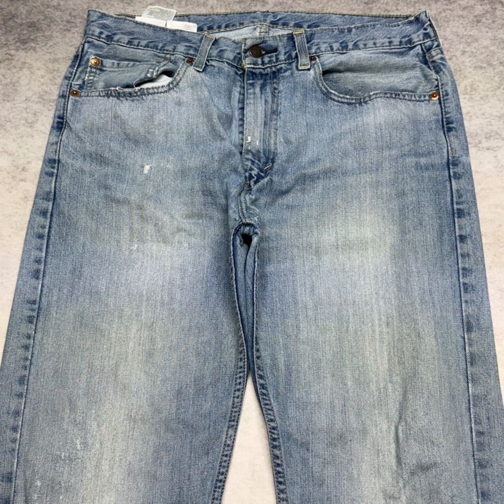 Levis 505 Regular Fit Mens 34x32 Light Wash Distressed Straight Leg Denim Jeans - Picture 10 of 14